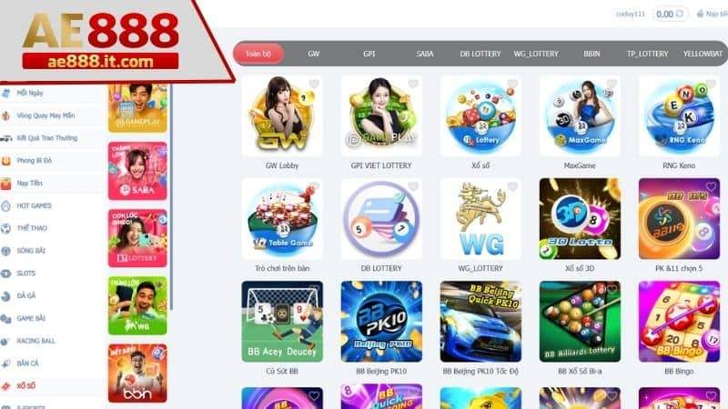 Chọn danh mục xổ số trên trang chủ AE888