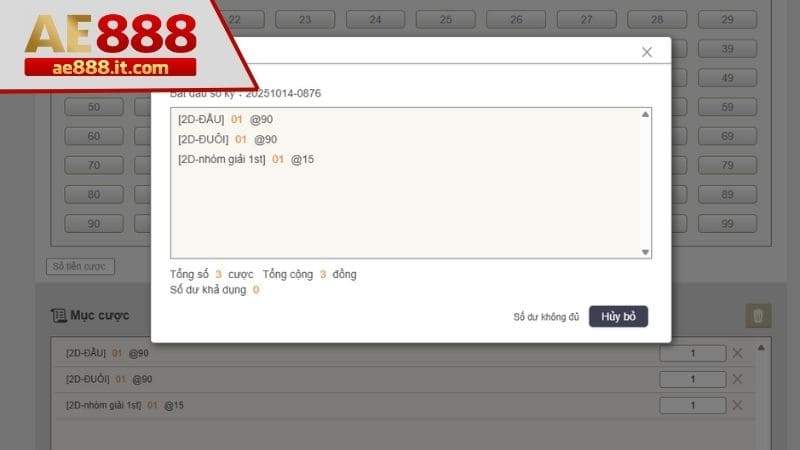 Xác nhận cược sau khi chọn số