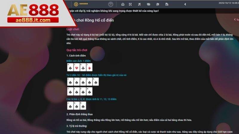 Luật chơi rồng hổ online cơ bản tại Casino AE888